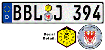GERMAN LICENSE PLATE BRANDENBURG ISSUED FROM JANUARY 1994 WITH FREE STATE AND DATE DECALS -- 
