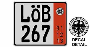 GERMAN TEMPORARY 2013 (ZOLL) SQUARE LICENSE PLATE ISSUED FROM 1989 TO PRESENT - 