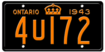 1943 ONTARIO LICENSE PLATE - 