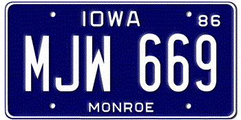 1986 IOWA STATE LICENSE PLATE-- - This plate was also used in 87, 88, 89, 90, 91, 92, 93, and at least through 1994