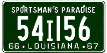 1966 LOUISIANA STATE LICENSE PLATE-- - This plate also used in 1967