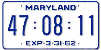 1962 MARYLAND STATE LICENSE PLATE--