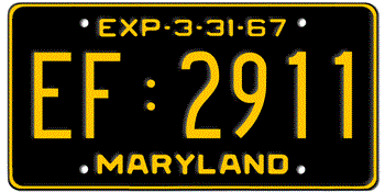 1967 MARYLAND STATE LICENSE PLATE--