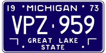 1973 MICHIGAN STATE LICENSE PLATE-- - This plate also used in 1974 and 1975