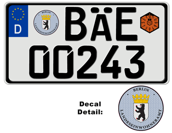 GERMAN LICENSE PLATE (BERLIN) USA SIZE - EMBOSSED WITH YOUR CUSTOM NUMBER