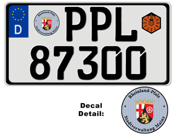 GERMAN LICENSE PLATE RHEINLAND/PFALZ/MAINZ USA SIZE -