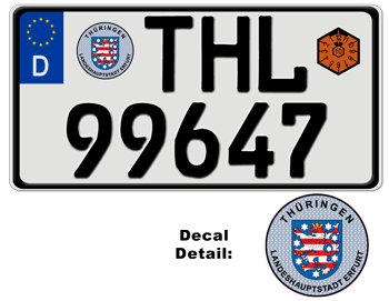 GERMAN LICENSE PLATE TH�RINGEN USA SIZE -EMBOSSED WITH YOUR CUSTOM NUMBER