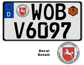 GERMAN LICENSE PLATE WOLFSBURG (HOME OF VOLKSWAGEN) USA SIZE -EMBOSSED WITH YOUR CUSTOM NUMBER