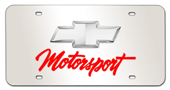 CHEVROLET BOWTIE CHROME EMBLEM & RED MOTORSPORTS NAME 3D MIRROR LICENSE PLATE