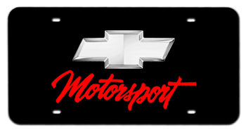 CHEVROLET BOWTIE CHROME EMBLEM & RED MOTORSPORTS NAME 3D BLACK LICENSE PLATE