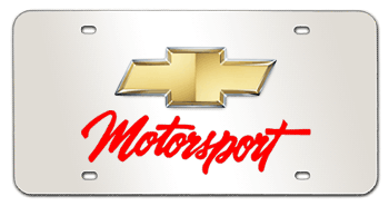 CHEVROLET BOWTIE GOLD EMBLEM & RED MOTORSPORTS NAME 3D MIRROR LICENSE PLATE