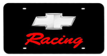 CHEVROLET BOWTIE CHROME EMBLEM & RED RACING NAME 3D BLACK LICENSE PLATE