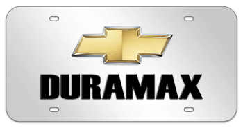 CHEVROLET BOWTIE CHROME EMBLEM WITH GOLD CENTER AND LASER CUT DURAMAX NAME 3D MIRROR LICENSE PLATE
