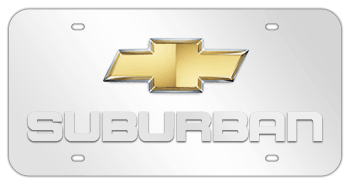 CHEVROLET BOWTIE CHROME EMBLEM WITH GOLD CENTER AND LASER CUT SUBURBAN NAME 3D MIRROR LICENSE PLATE