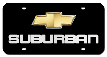 CHEVROLET BOWTIE CHROME EMBLEM WITH GOLD CENTER AND LASER CUT SUBURBAN NAME 3D BLACK LICENSE PLATE