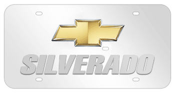 CHEVROLET BOWTIE CHROME EMBLEM WITH GOLD CENTER AND LASER CUT SILVERADO NAME 3D MIRROR LICENSE PLATE