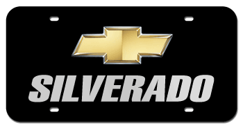 CHEVROLET BOWTIE CHROME EMBLEM WITH GOLD CENTER AND LASER CUT SILVERADO NAME 3D BLACK LICENSE PLATE