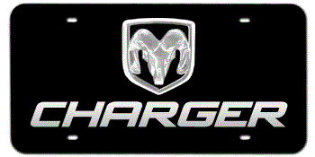 DODGE RAM CHROME EMBLEM AND LASER CUT CHARGER NAME 3D BLACK LICENSE PLATE