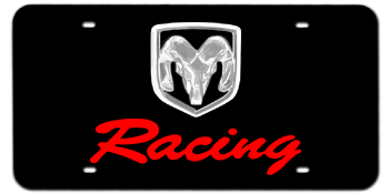 DODGE RAM CHROME EMBLEM & RED RACING NAME 3D BLACK LICENSE PLATE