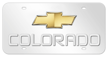 CHEVROLET BOWTIE CHROME EMBLEM (GOLD CENTER) AND LASER CUT COLORADO NAME 3D MIRROR LICENSE PLATE