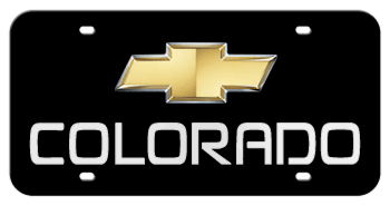 CHEVROLET BOWTIE CHROME EMBLEM (GOLD CENTER) AND LASER CUT COLORADO NAME 3D BLACK LICENSE PLATE