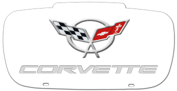 CORVETTE (MODEL YEARS 1997 - 2004) CONTOURED WHITE LASER ACRYLIC LICENSE PLATE WITH CHROME C5 LOGO AND MIRROR SILVER NAME