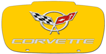 CORVETTE (MODEL YEARS 1997 - 2004) CONTOURED YELLOW LASER ACRYLIC LICENSE PLATE WITH CHROME C5 LOGO AND MIRROR SILVER NAME