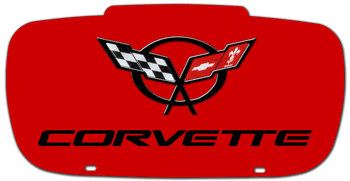 CORVETTE (MODEL YEARS 1997 - 2004) CONTOURED RED LASER ACRYLIC LICENSE PLATE WITH BLACK C5 LOGO AND BLACK NAME