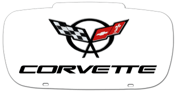 CORVETTE (MODEL YEARS 1997 - 2004) CONTOURED WHITE LASER ACRYLIC LICENSE PLATE WITH BLACK C5 LOGO AND BLACK NAME