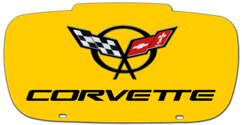 CORVETTE (MODEL YEARS 1997 - 2004) CONTOURED YELLOW LASER ACRYLIC LICENSE PLATE WITH BLACK C5 LOGO AND BLACK NAME
