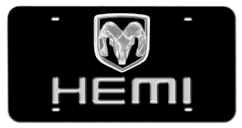 DODGE RAM CHROME EMBLEM AND LASER CUT SOLID HEMI NAME 3D BLACK LICENSE PLATE