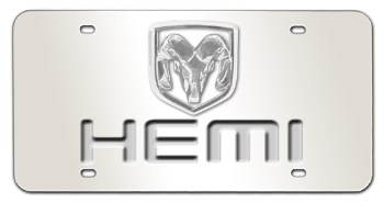 DODGE RAM CHROME EMBLEM AND LASER CUT SOLID HEMI NAME 3D MIRROR LICENSE PLATE