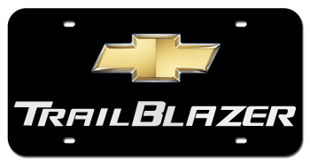 CHEVROLET BOWTIE CHROME EMBLEM WITH GOLD CENTER AND LASER CUT TRAILBLAZER NAME 3D BLACK LICENSE PLATE