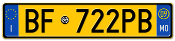 ITALY - PROVINCE OF MODENA (MO) EURO (EEC) REAR LICENSE  PLATE  WITH REGISTRATION DATE 09. PERFECT FOR YOUR FIAT, LAMBORGHINI, BUGATTI, OR ALFA ROMEO -- EMBOSSED WITH YOUR CUSTOM NUMBER