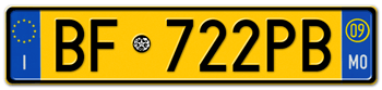 ITALY - PROVINCE OF MODENA (MO) EURO (EEC) REAR LICENSE PLATE WITH REGISTRATION DATE 09. PERFECT FOR YOUR FIAT, LAMBORGHINI, BUGATTI, OR ALFA ROMEO -- 