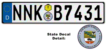 GERMAN LICENSE PLATE SACHSEN-ANHALT ISSUED FROM JANUARY 1994 WITH FREE STATE AND DATE DECALS -- EMBOSSED WITH YOUR CUSTOM NUMBER