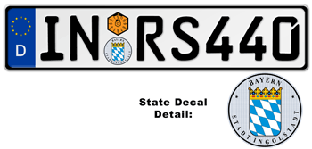 GERMAN LICENSE PLATE INGOLSTADT (HOME OF AUDI) ISSUED FROM JANUARY 1994 WITH FREE STATE AND DATE DECALS -- EMBOSSED WITH YOUR CUSTOM NUMBER