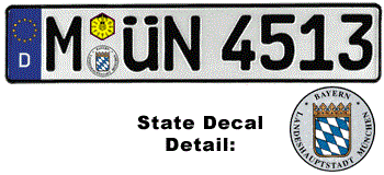 GERMAN LICENSE PLATE MUNICH (HOME OF BMW) ISSUED FROM JANUARY 1994 WITH FREE STATE AND DATE DECALS -- EMBOSSED WITH YOUR CUSTOM NUMBER