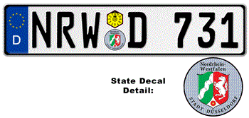 GERMAN LICENSE PLATE NORDRHEIN-WESTFALEN (DÜSSELDORF) ISSUED FROM JANUARY 1994 WITH FREE STATE AND DATE DECALS -- EMBOSSED WITH YOUR CUSTOM NUMBER