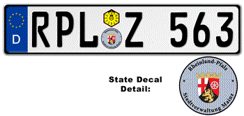 GERMAN LICENSE PLATE RHEINLAND/PFALZ/MAINZ LICENSE PLATE ISSUED FROM JANUARY 1994 WITH FREE STATE AND DATE DECALS -- EMBOSSED WITH YOUR CUSTOM NUMBER