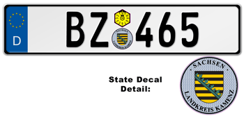 GERMAN LICENSE PLATE SACHSEN PLATE ISSUED FROM JANUARY 1994 WITH FREE STATE AND DATE DECALS -- EMBOSSED WITH YOUR CUSTOM NUMBER