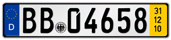 GERMAN TEMPORARY EURO SIZE LICENSE PLATE 2010 ISSUED FROM JANUARY 1, 1994 TO PRESENT - EMBOSSED WITH YOUR CUSTOM NUMBER