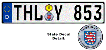 GERMAN LICENSE PLATE Thüringen ISSUED FROM JANUARY 1994 WITH FREE STATE AND DATE DECALS -- EMBOSSED WITH YOUR CUSTOM NUMBER   