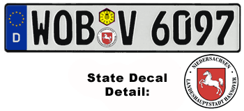GERMAN LICENSE PLATE WOLFSBURG (HOME OF VOLKSWAGEN) ISSUED FROM JANUARY 1994 WITH FREE STATE AND DATE DECALS -- EMBOSSED WITH YOUR CUSTOM NUMBER