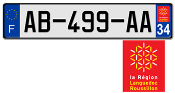 FRANCE REGION (LANGUEDOC-ROUSSILLON) 2009 ISSUE EURO (EEC) LICENSE PLATE PERFECT FOR YOUR BUGATTI, CITRO�N, RENAULT, PEUGEOT, OR SIMCA -- EMBOSSED WITH YOUR CUSTOM NUMBER