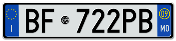ITALY - PROVINCE OF MODENA (MO) EURO (EEC) REAR LICENSE PLATE WITH REGISTRATION DATE 09. PERFECT FOR YOUR FIAT, LAMBORGHINI, BUGATTI, OR ALFA ROMEO -- EMBOSSED WITH YOUR CUSTOM NUMBER
