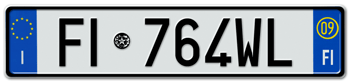 ITALY - PROVINCE OF FLORENCE (FI) EURO (EEC) REAR LICENSE PLATE WITH REGISTRATION DATE 09. PERFECT FOR YOUR FIAT, LAMBORGHINI, BUGATTI, OR ALFA ROMEO -- 