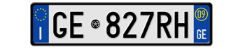 ITALY FRONT LICENSE PLATE - PROVINCE OF GENOA (GE) EURO (EEC) WITH REGISTRATION DATE 09 - PERFECT FOR YOUR FIAT, LAMBORGHINI, BUGATTI, OR ALFA ROMEO -- EMBOSSED WITH YOUR CUSTOM NUMBER