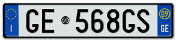 ITALY - PROVINCE OF GENOA (GE) EURO (EEC) REAR LICENSE  PLATE  WITH REGISTRATION DATE 09. PERFECT FOR YOUR FIAT, LAMBORGHINI, BUGATTI, OR ALFA ROMEO -- EMBOSSED WITH YOUR CUSTOM NUMBER