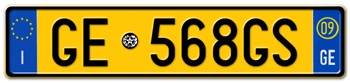 ITALY - PROVINCE OF GENOA (GE) EURO (EEC) REAR LICENSE  PLATE  WITH REGISTRATION DATE 09. PERFECT FOR YOUR FIAT, LAMBORGHINI, BUGATTI, OR ALFA ROMEO -- EMBOSSED WITH YOUR CUSTOM NUMBER